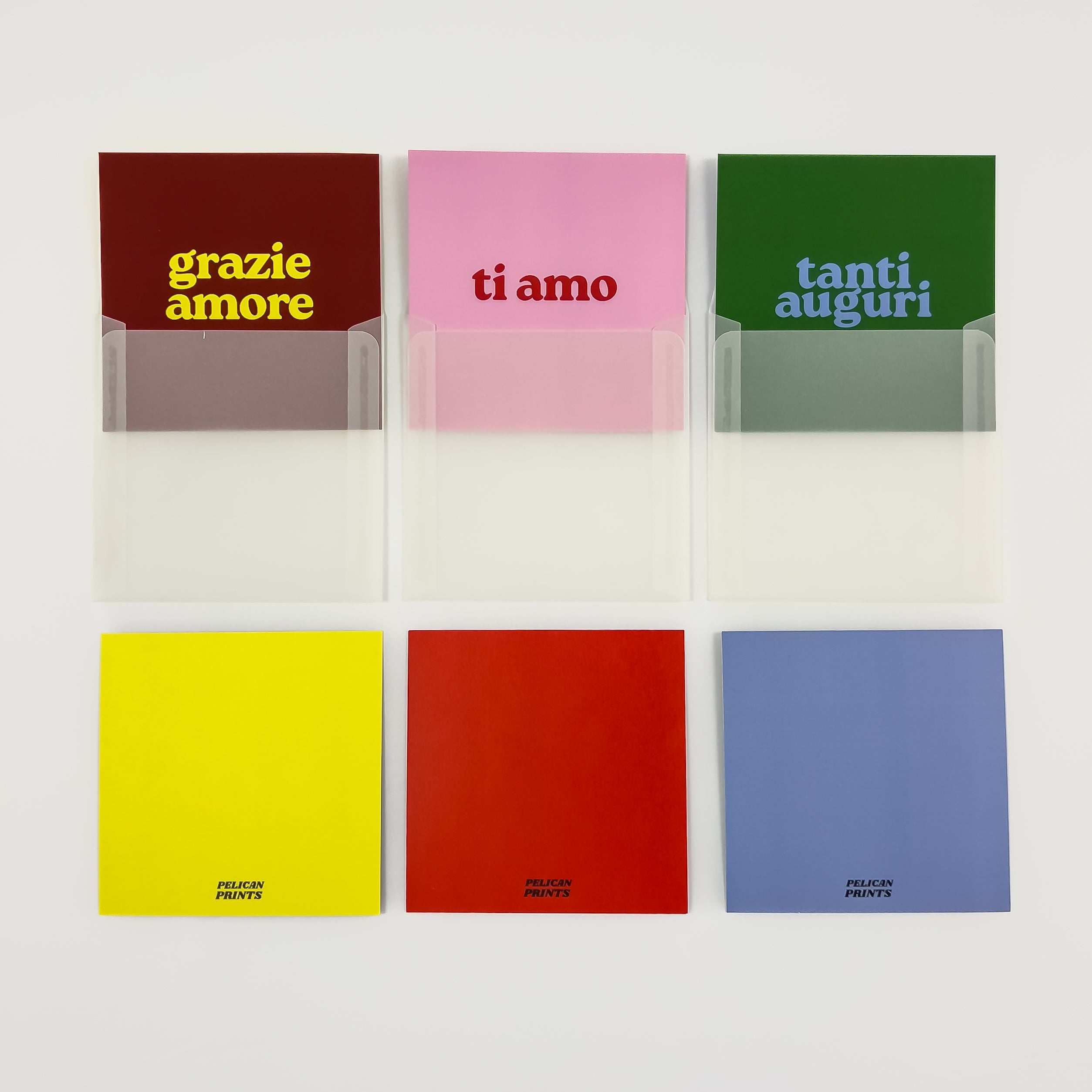 Kartenset Bundle von Pelican Prints – Tanti Auguri, Ti Amo und Grazie Amore, 3 Karten mit transparenten Umschlägen